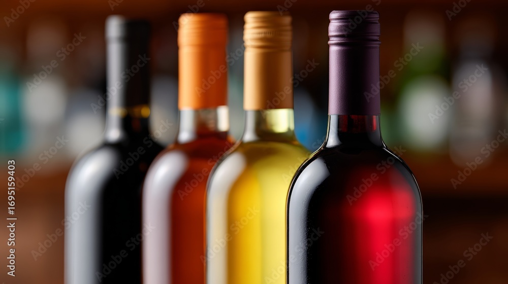 Poster four bottles of wine with different colored tops. the bottles are lined up on a wooden shelf. the bo
