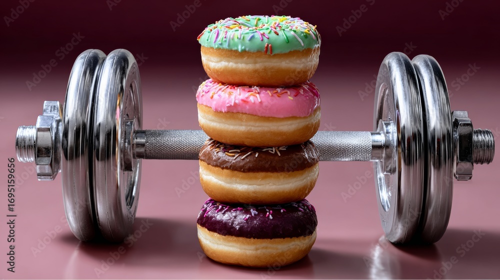 Poster a stack of donuts on top of a dumbbell. the donuts are of different colors and sizes