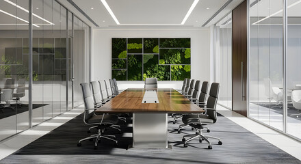 Modern Conference Room Featuring A Green Wall And Contemporary Furnishings Design