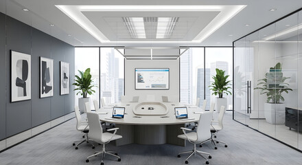 Modern Conference Room: Interior Design with Laptops, and a Presentation Display