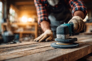 A skilled carpenter sanding a wooden plank with a power sander, wearing gloves and working in a workshop with sunlight streaming in, focus on the tool.
