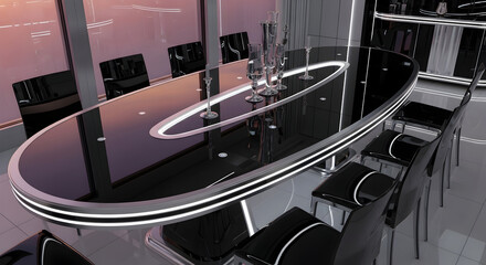 Modern Conference Room Interior With Oval Table And Stylish Glassware, Clean Design
