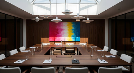 Modern Conference Room With Unique Lighting And A Colorful Abstract Artwork Displayed