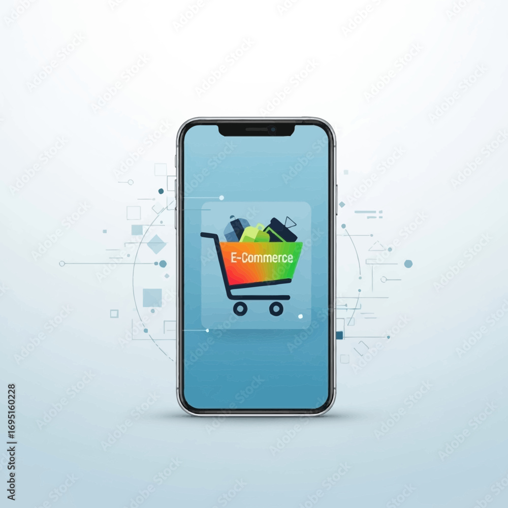 Poster smartphone displaying shopping cart icon with products.