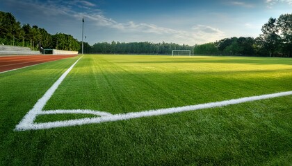 Fototapeta premium freshly mowed green grass on a sports field with crisp white lines marking the boundaries