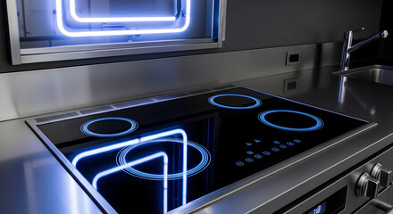 Fototapeta premium Modern Kitchen Cooktop Illuminated With Glowing Rings And Futuristic Lines