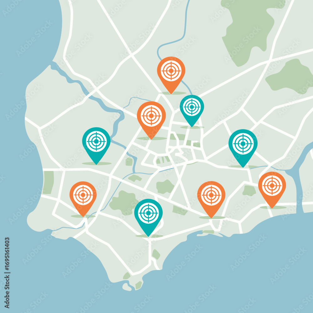 Poster map with location pins indicating points of interest.