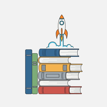 Stack of books with a rocket launching from the top.