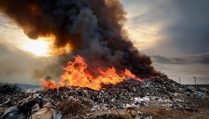 a stark image of a burning landfill emitting thick smoke against a gray sky