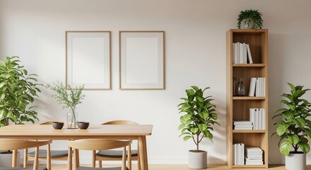 Serene modern dining room setup with blank frames and lush plants invites customizable interior design inspiration