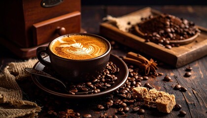 Latte art coffee cup on rustic wooden table