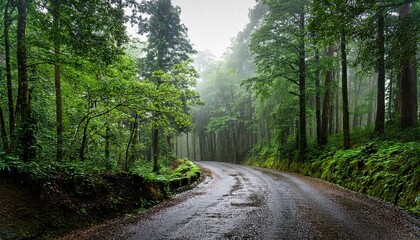 Obraz premium wet gravel road winding through a lush green forest during rainfall