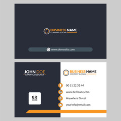 Modern dark blue business card with orange accent and white text