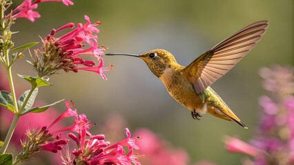 Fototapeta premium A vibrant hummingbird sips nectar from a cluster of pink flowers, its wings frozen in midflight, showcasing the beauty of nature and the delicate balance of ecosystems