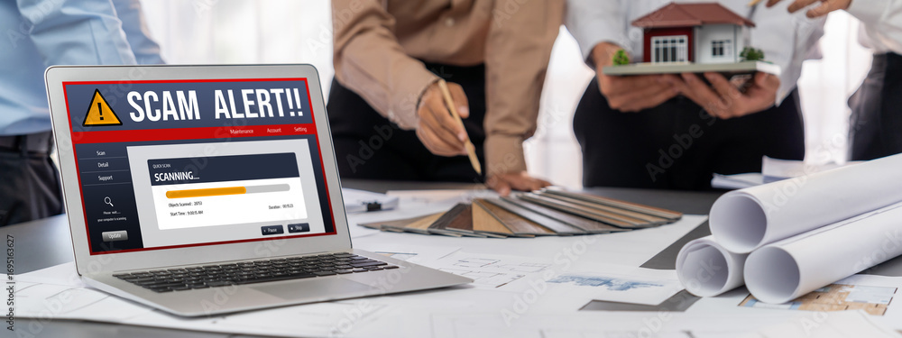 Poster group of interior architect designer discussing together on blueprint and laptop screen display arch