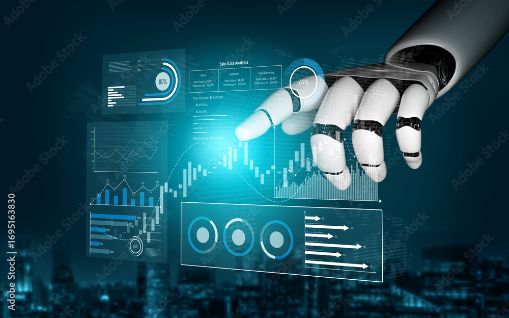 Aufkleber ai analyzing sales data dashboard, visualizing performance metrics, detecting trends, and generating