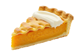 Isolated slice of pumpkin pie with whipped cream topping, ready for Thanksgiving feast