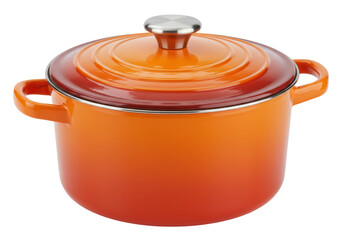 Isolated orange enameled cast iron dutch oven, a high-quality stock pot on its own merit