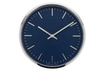 Isolated blue wall clock indicating ten minutes past ten, time management concept
