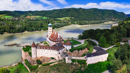 Lower Austria tourism and landmarks. Schonbuhel Aggsbach, Schonbuhe Castle in the Wachau Valley, Danube River cruise. aerial drone panoramic view