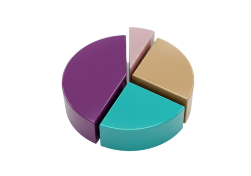 Isolated pie chart representing statistical data with multiple colorful sections, rendering