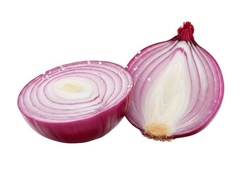 Isolated Fresh Cut Red Onion Halves with Droplets Ready for Food Preparation or Cooking