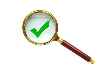 Isolated magnifying glass showing a green check mark verification with golden frame