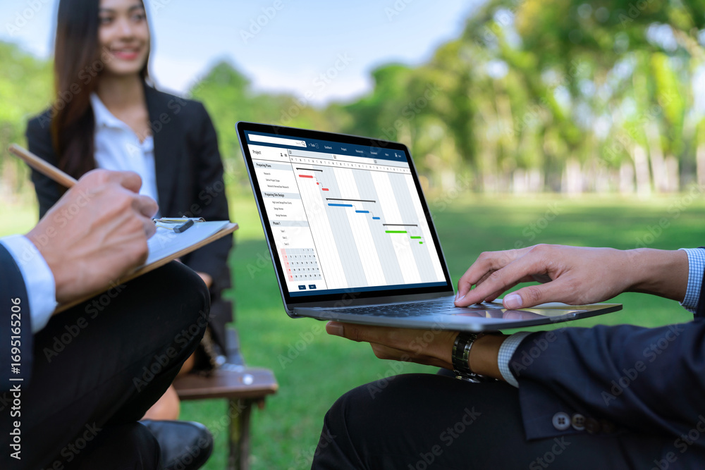 Poster project planning software for brisk business project management on the computer screen showing timel
