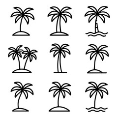 Fototapeta premium Outlined Palm Trees Tropical Island Icons Depicting Summer and Vacation.