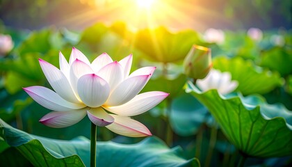 Fototapeta premium A vibrant lotus flower blossoms in a sun-drenched pond, showcasing delicate petals and a serene natural scene.