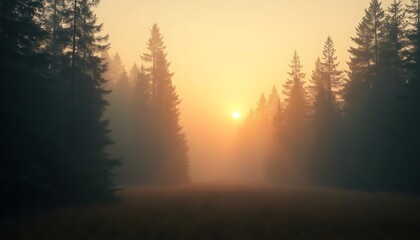 Fototapeta premium Sunlight bathes the misty forest, with mountains and clouds on the horizon at dawn