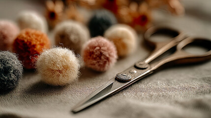 Fototapeta premium Multicolored wool pompoms on fabric with decorative scissors for Christmas ornaments - Generated with AI