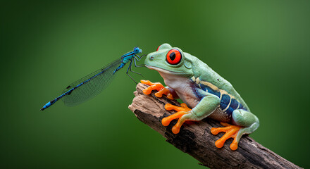 Red-eyed tree frog perched on a branch with a damselfly resting on its nose against a natural green background.