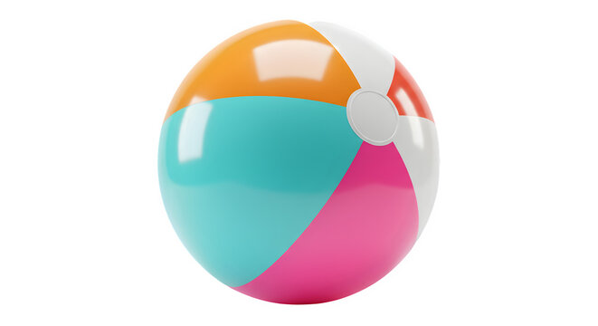 Classic beach ball isolated on transparent background for summer fun, Colorful inflatable beach ball with white, orange, yellow, and blue panels, summer pool toy
