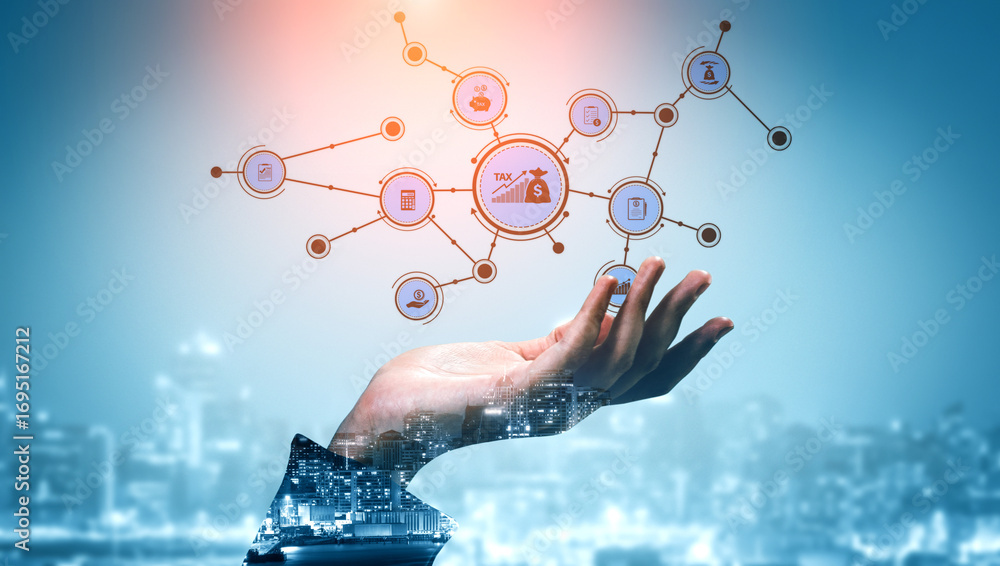 Poster a creative representation of financial networking with hand and digital icons symbolizing investment