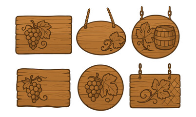Naklejka premium Rustic wooden signs with grapes and leaf designs for wineries and vineyards