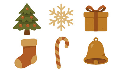 Festive christmas icons: tree, snowflake, gift, stocking, candy cane, bell