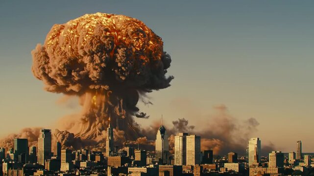 Apocalyptic scene of a fiery mushroom cloud from a nuclear bomb devastating a modern metropolis.