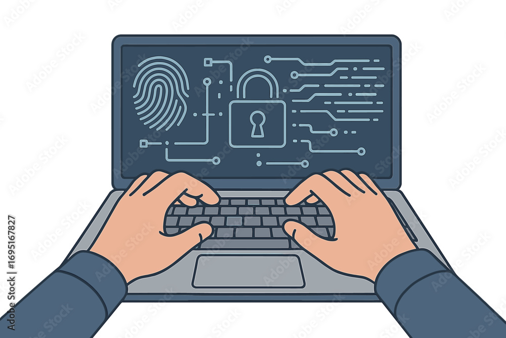 Poster a businessman uses a laptop with a digital padlock, illustrating a cybersecurity network and data pr