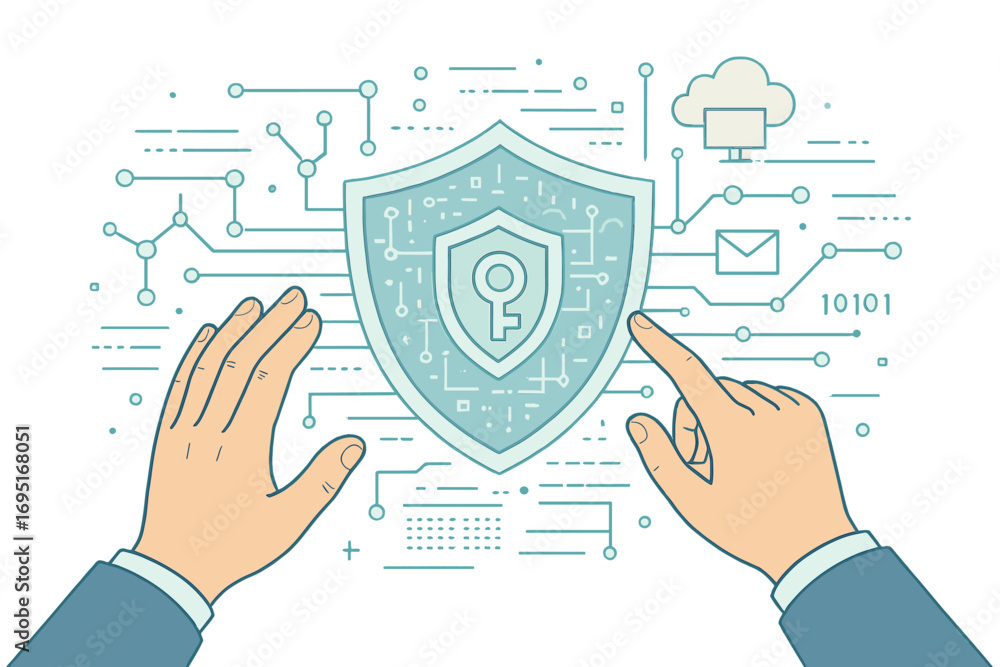 Poster a businessman uses a digital tablet equipped with biometric network security technology to access pr