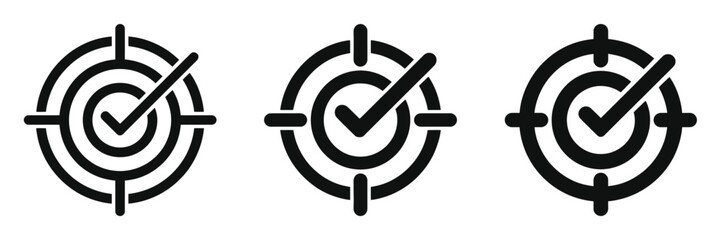 Set of three black target icons with check marks, success and achievement symbols, goal completion vector illustration for teamwork, business, and project management concepts