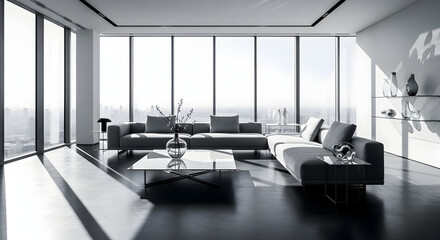 Modern Luxury Living Room Interior with City View: Black and White Architectural Design