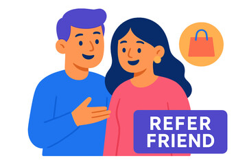 Obraz premium Young couple talking and smiling about shopping referral program Refer friend