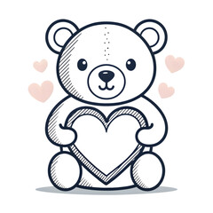 Obraz premium Cuddly toy outline holding a large heart with pink hearts floating around on a solid black background