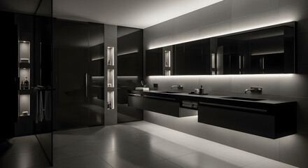 Modern Minimalist Bathroom Design Featuring Black Cabinetry and Ambient Lighting