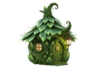A whimsical, leaf-covered home, crafted with intricate vines, stands out against a deep black backdrop, highlighting its vibrant green facade and warm, inviting light.