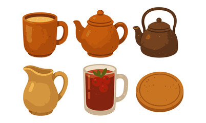 Rustic beverage set with cozy textured teapots, mugs, and traditional drink