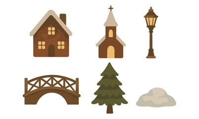 Charming winter village elements: rustic houses, church, and lantern