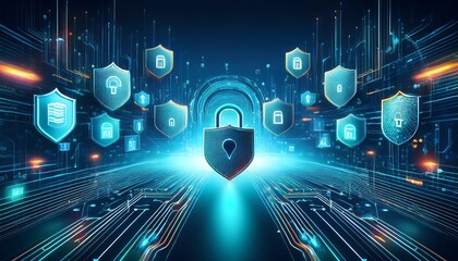 a secure digital data transfer with encrypted data streams flowing between devices including lock icons shields and glowing data paths to emphasize security cybersecurity concept