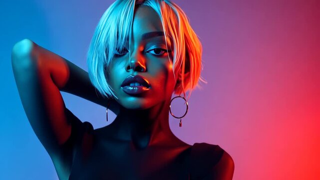 Cool-toned portrait of a woman against a blue gradient, sleek and modern aesthetic, stylish and high-fashion pose, editorial photography, clean and minimalistic